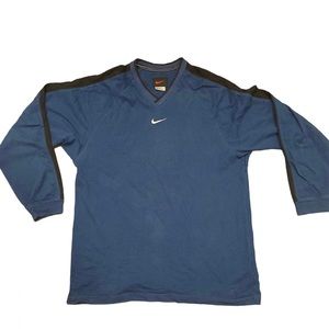 Vintage 90s Nike Center Swoosh V-Neck Striped Long Sleeve T-Shirt Mens L Blue